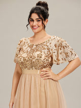 ever COOPER|Round Neck Sequin Ruffle Sleeve Evening Dress