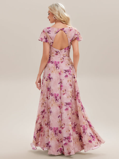 V-Neck Ruffle Sleeve Floral Bridesmaid Dress