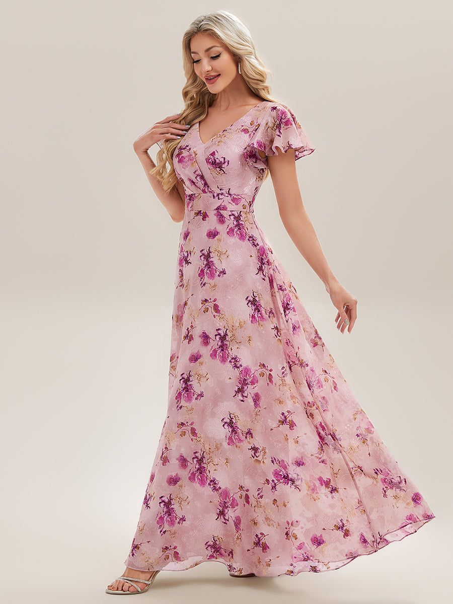 V-Neck Ruffle Sleeve Floral Bridesmaid Dress