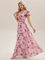 V-Neck Ruffle Sleeve Floral Bridesmaid Dress