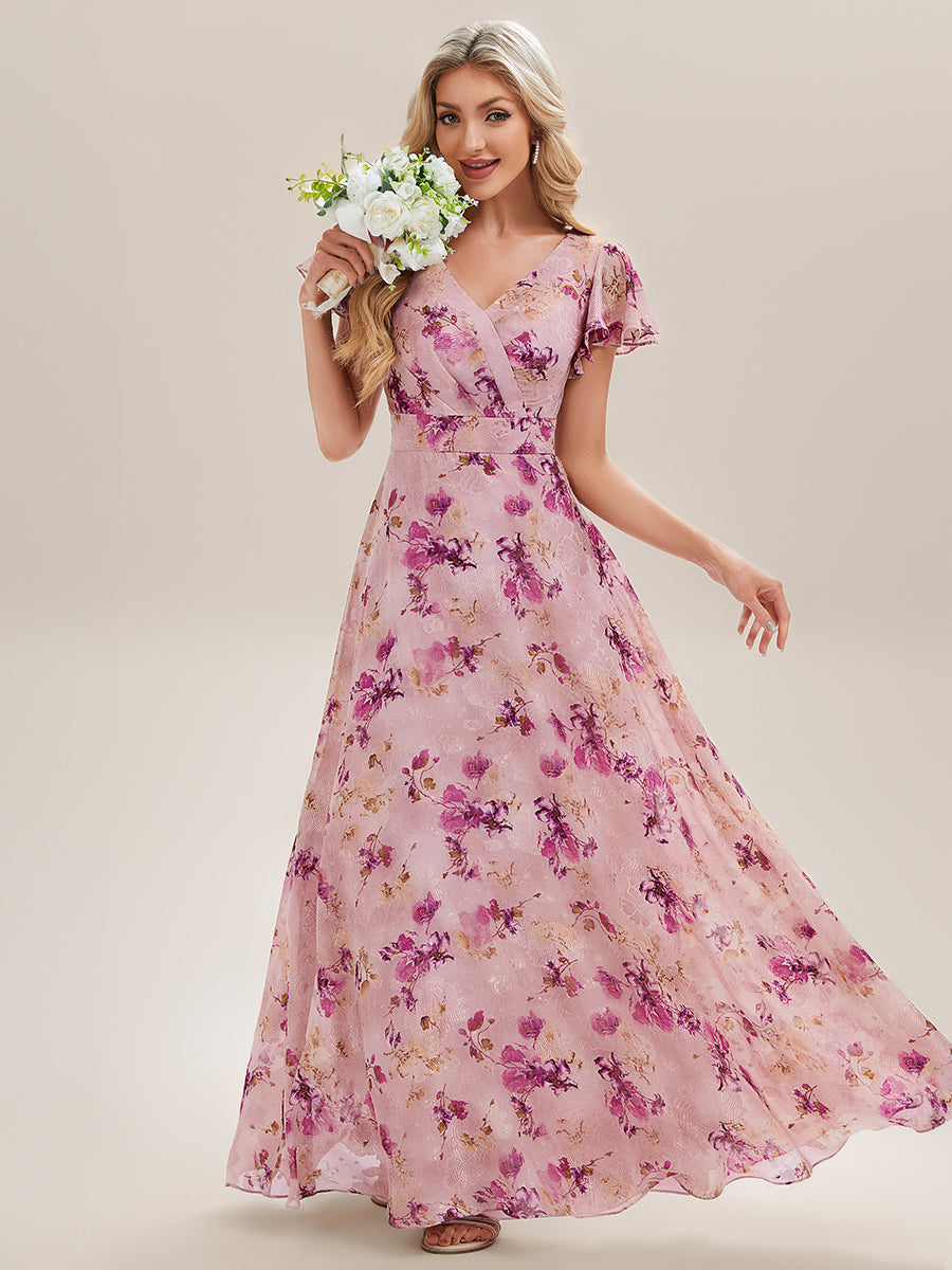 V-Neck Ruffle Sleeve Floral Bridesmaid Dress