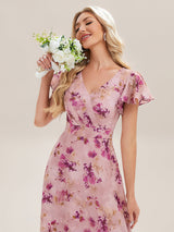 V-Neck Ruffle Sleeve Floral Bridesmaid Dress