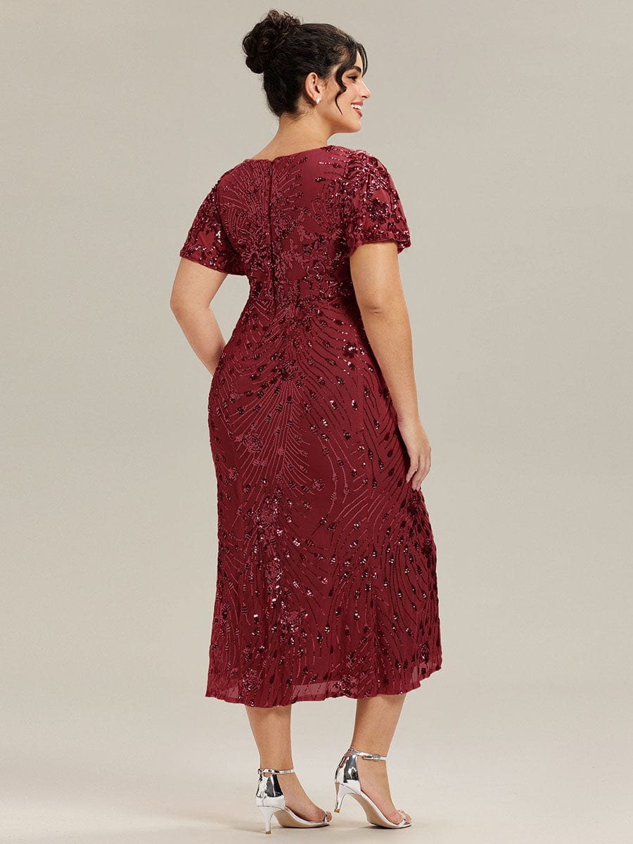 Plus Size Sequin Ruffle Sleeve Evening Dress