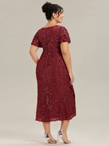 Plus Size Sequin Ruffle Sleeve Evening Dress