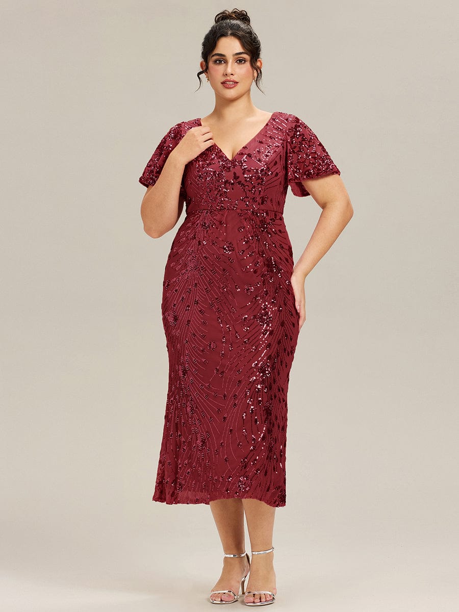 Plus Size Sequin Ruffle Sleeve Evening Dress