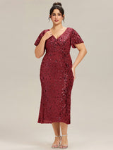 Plus Size Sequin Ruffle Sleeve Evening Dress