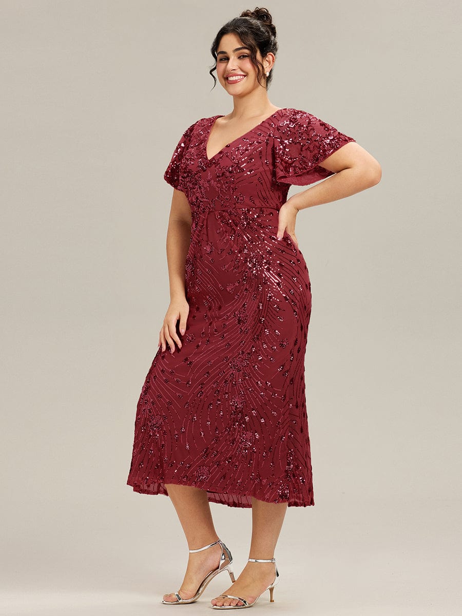 Plus Size Sequin Ruffle Sleeve Evening Dress