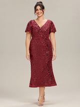 Plus Size Sequin Ruffle Sleeve Evening Dress