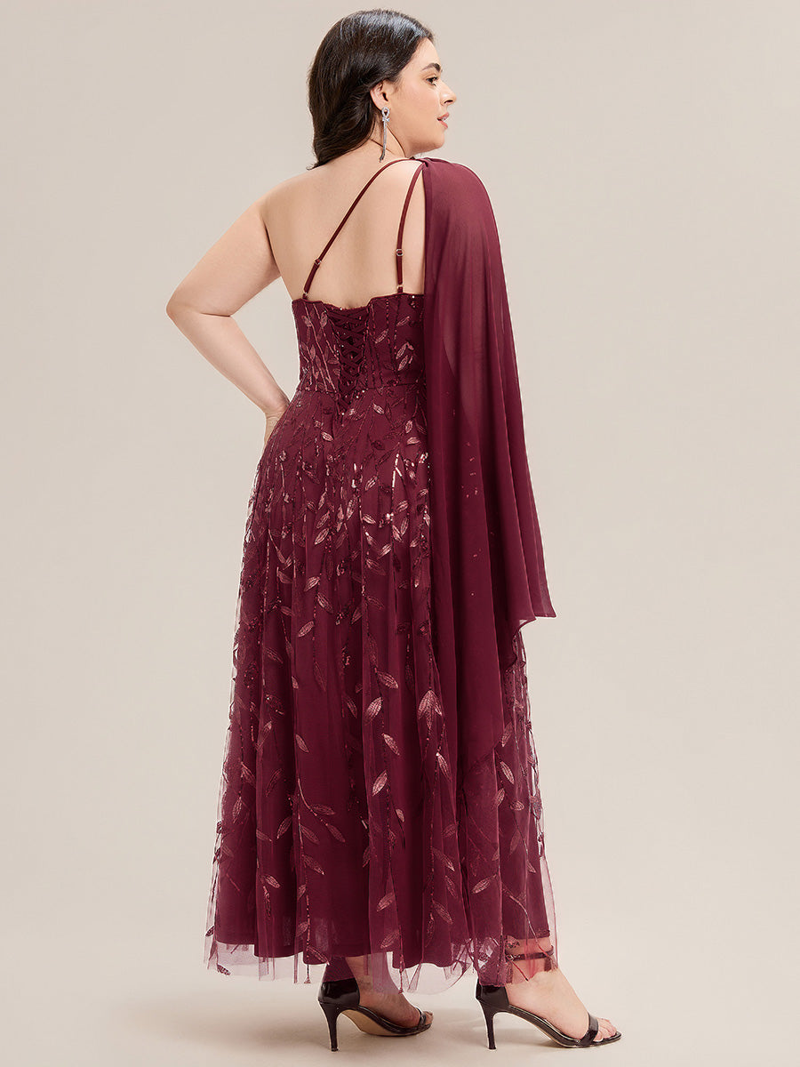 Flowing Ribbons One Shoulder Sequin Guest Dress